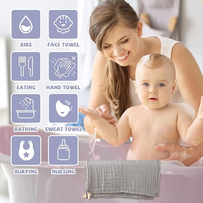 MUKIN Baby Washcloths - Soft Face Cloths for Newborn, Absorbent Bath Face Towels, Baby Wipes, Burp Cloths or Face Towels, Baby Registry as Shower. Pack of 6-12x12 inches (Grey)