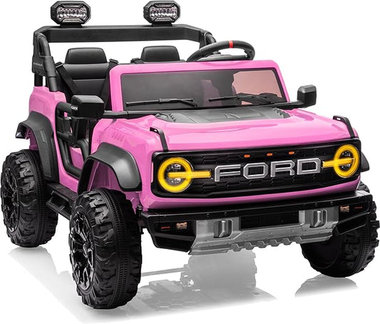 First Ride On 24V Ride on Toys for Big Kids, Licensed Ford Bronco Raptor 2 Seater Ride on Cars with Remote Control, Ride on Truck w/ 4-Wheeler Suspension, 3 Speeds, Led Lights, Bluetooth (24V, Pink)