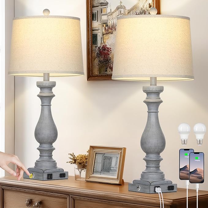 Cinkeda 29" Tall Farmhouse Table Lamp for Living Room Set of 2,Vintage Retro Nightstand Lamps with USB C+A Ports & AC Outlet,3-Way Dimmable Touch Bedside Lamp for Bedroom Side Table,Light Grey
