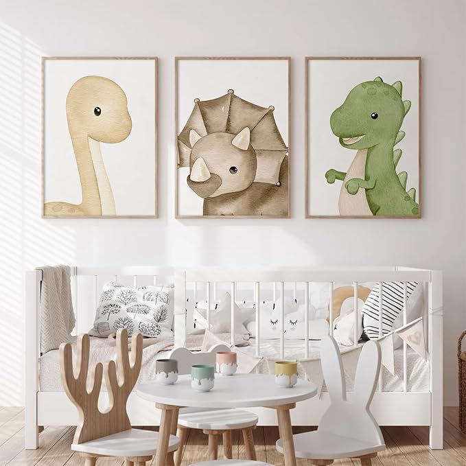 Dinosaur Wall Art Kids Boys Room Canvas Wall Decor Dino Nursery Wall Art Pictures Baby Dinosaur Poster Prints for Boys Bedroom Bathroom 16x24 Inch Unframed Set of 3