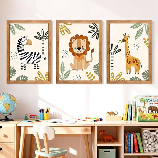 Cute Zebra Lion Giraffe Quote Framed Wall Art Set of 3, 11x16 Boho Educational Animal Wall Sign for Baby Girl Kid Boy Toddlers, Wooden Inspirational Nursery Wall Decor Natural