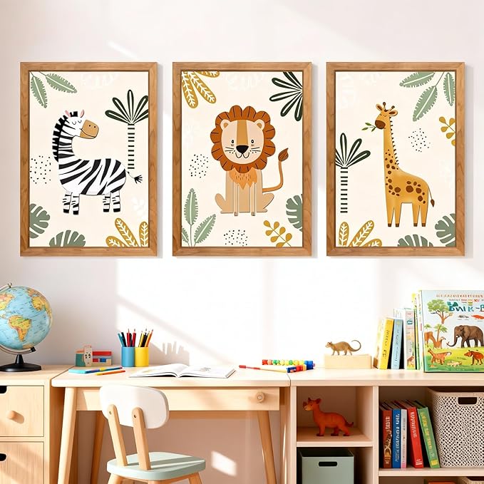 Cute Zebra Lion Giraffe Quote Framed Wall Art Set of 3, 11x16 Boho Educational Animal Wall Sign for Baby Girl Kid Boy Toddlers, Wooden Inspirational Nursery Wall Decor Natural