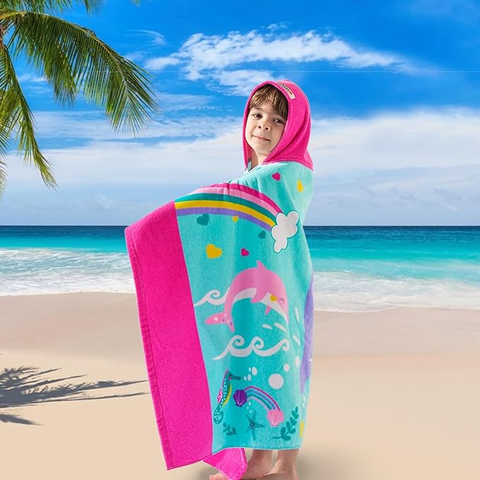 VOOVA & MOVAS Kids Hooded Beach Towels (3-8Years, 30''X50) | 100% Cotton | Large Soft Thick Absorbent Wrap Blanket | Ideal for Beach, Pool, Bath | Pink Whale
