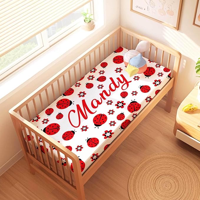 Custom Ladybug Nursery Bedding Set – Personalized Name 3-Piece Crib Set for Baby Girls, Soft Blanket, Fitted Sheet & Pillowcase – Shower Gift for Baby & Nursery Decor