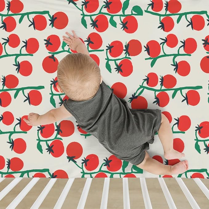 Sweet Red Tomatoes Baby Crib Sheets for Boy Girl 52x28Inch Cute Cherry Tomato Soft Stretchy Fitted Crib Mattress Covers Red Summer Tomato Fruit Baby Sheets for Standard Crib and Toddler Bed Mattress