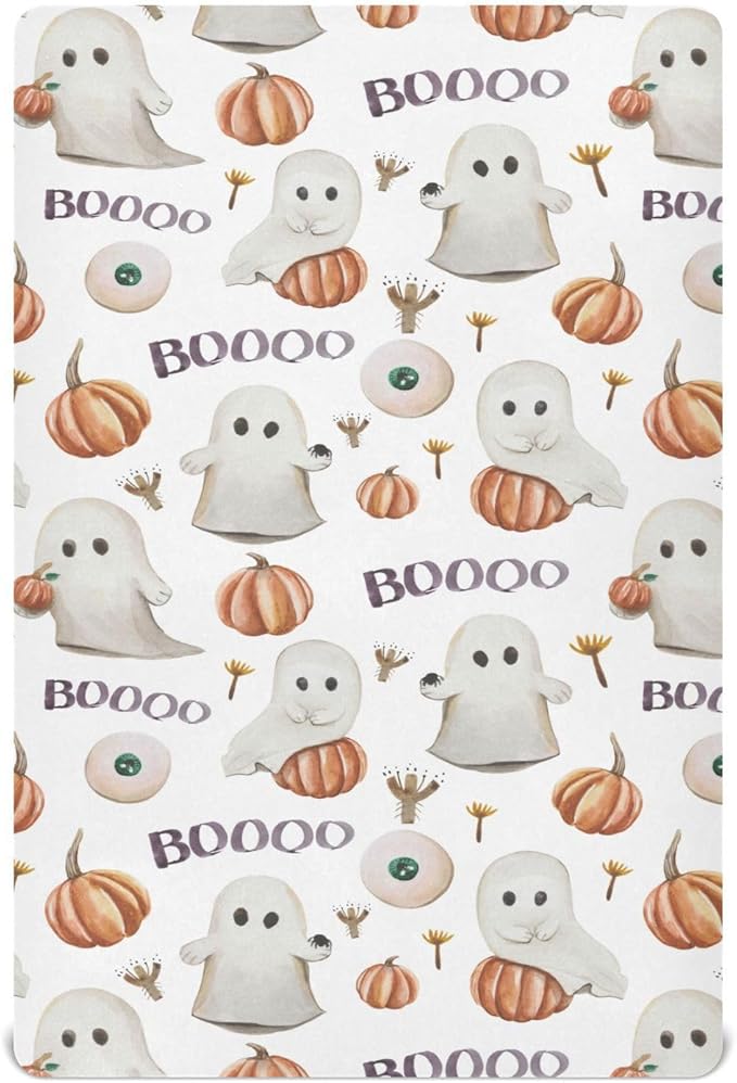 Ghosts Pumpkins Halloween Crib Sheets Soft Breathable Fitted Baby Playard Sheets Mattress Cover for Girl Boys, 39" x 27" x 5"