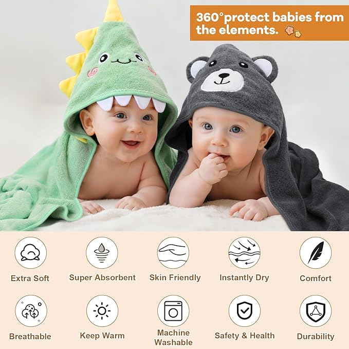 CandyHome 12 PCS Baby Bath Towels Set for Infants Toddlers, 4 PCS Animal Hooded Baby Towels & 8 PCS Washcloths Set, Ultra Absorbent Cute Soft Newborn Essentials Gift for Boys & Girls