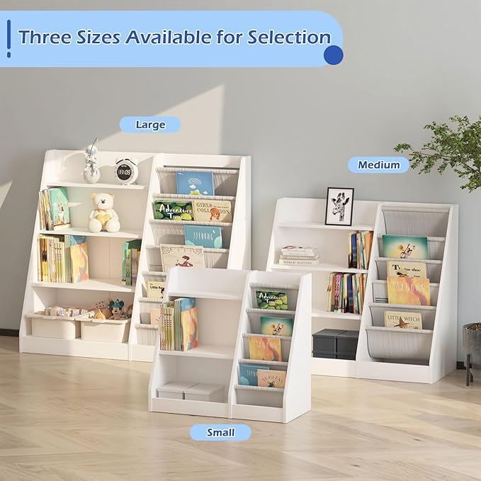 HedoAjim White Kids Bookshelf Wood Toy Storage Organizer Cabinet Children Bookcase Toddler Baby Sling Book Rack Adjustable Shelf for Playroom Bedroom Nursery Hallway School Kindergarten