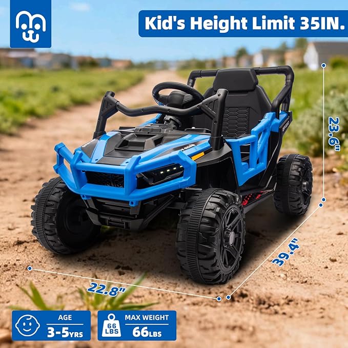 24V Kids Ride on Truck Car Remote Control, Twin 55W Motors 4MPH Max Speed Off-Road UTV, Bluetooth Music, Suspension System Safety Belt, Electric Vehicles Gift for Boys & Girls-Blue