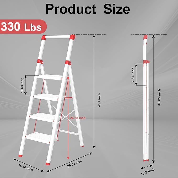 4 Step Ladder, DIAMONDFORGE Folding Step Stool with Wide Anti-Slip Pedal, Anti-Slip Feet and Handgrip, Sturdiest Steel Construction, Steel Ladder for Home, White Red