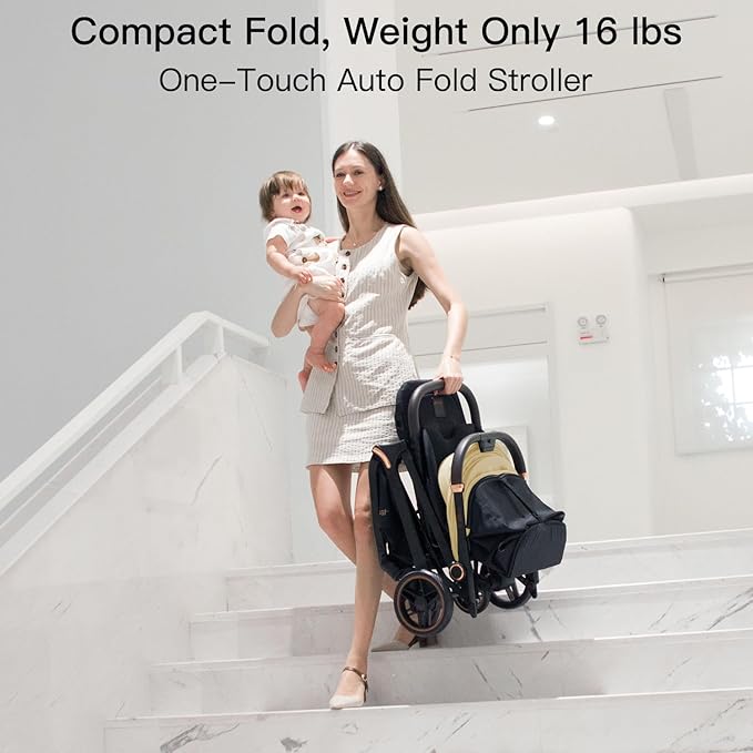 Gravity Folding Baby Stroller - Portable Travel Toddler Stroller w/Adjustable Backrest, Canopy, Footmuff & Cup Holder, Lightweight and UV Protected, One-Hand Automatic Folding - Beige