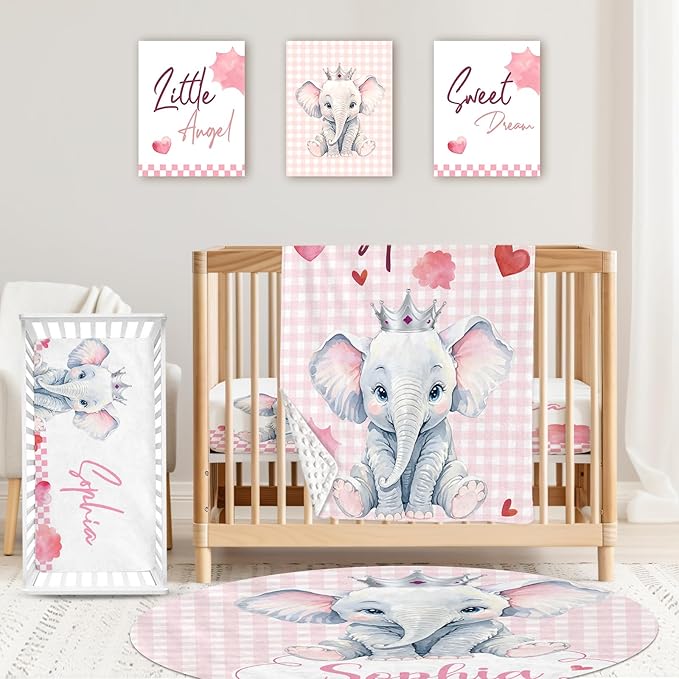 Personalized Baby Crib Bedding Set: 4 Piece Custom Pink Checkered Elephant Crib Bed Set with Name, Nursery Bedding Set for Baby Girls, Newborn Boys Crib Sets, Crib Bedding Custom Gift, Crib Sheet