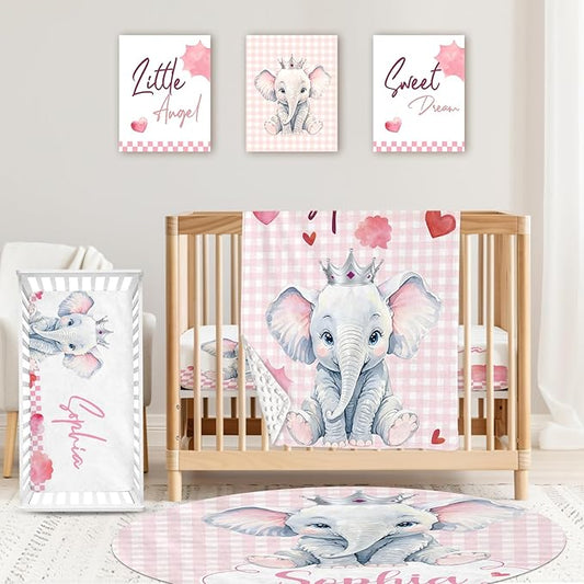 Personalized Baby Crib Bedding Set: 4 Piece Custom Pink Checkered Elephant Crib Bed Set with Name, Nursery Bedding Set for Baby Girls, Newborn Boys Crib Sets, Crib Bedding Custom Gift, Crib Sheet