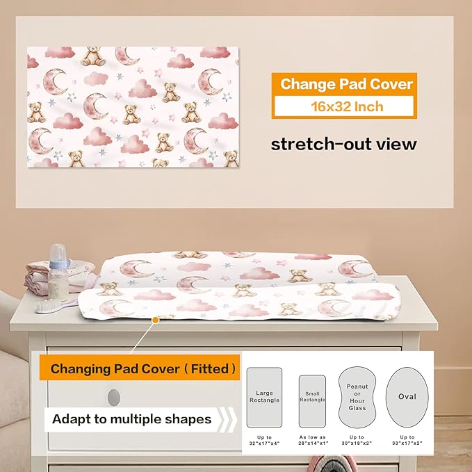 Custom Baby Bedding Set: Personalized Pink Sleeping Bear Bedding Baby Blanket Fitted Sheet Changing Cover Nursery Rug Room Decor Gift Idea