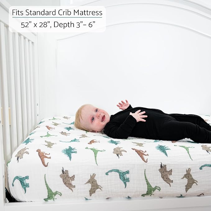 LollyBanks Fitted Crib Sheets for Boys, Soft 100% Cotton Baby Boy Sheet, Fits Standard Size Mattress 28 in x 52 in, Breathable Muslin Crib Sheet 1 Pack (Dinosaur Print)