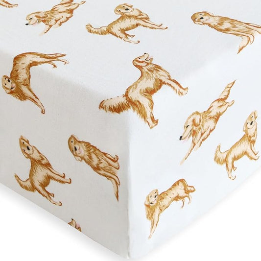 LifeTree Crib Sheets for Baby Unisex - Muslin Fitted Crib Sheets Toddler Bed Sheet, 70% Viscose from Bamboo and 30% Cotton, Fits Standard Crib, Golden Retriever, 28in x 52in