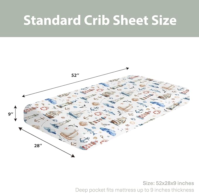 Sailing Adventure Baby Crib Sheets for Boy Girl 28"x52" Sea Lighthouse Ship Anchors Whale Shells Soft Snug Fitted Crib Mattress Cover Beach Summer Baby Sheet for Standard Crib & Toddler Bed Mattress