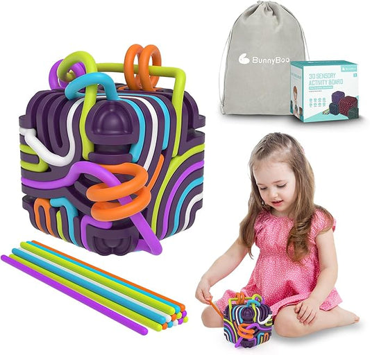 BunnyBoo Sensory Activity Board, 3D Silicone Toys for Kids with Autism & ADHD,Sensory Fidget Toys for Anxiety Relief, Calming & Focusing, BPA-Free, 15 Colorful Strings, Storage Bag(Purple)