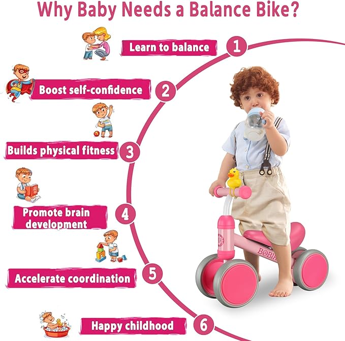 Baby Balance Bike Toys for 12-36 Months Kids Toy Boy Girls Gifts Toddler Best First Birthday Gift Children Walker No Pedal Infant 4 Wheels Bicycle (Rose Red)