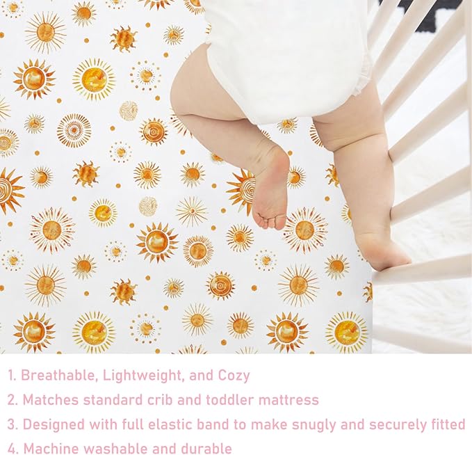 Watercolor Suns Totem Baby Crib Sheets 52''x28'' Boho Sunshine Stretchy Fitted Crib Mattress Covers for Boy Girl Golden Suns Soft Nursery Baby Bed Sheets for Standard Crib and Toddler Mattress