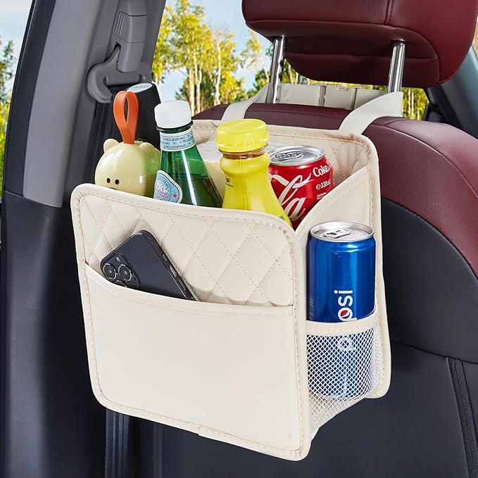 LXUNYI Back Seat Car Organizer, Large Car Seat Organizer with Cup Holders Multifunctional Over the Car Seat Organizer Backseat Hanging Leather Car Seat Organizers and Storage Bags(Beige 1Pack)