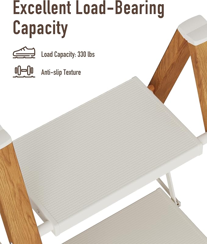 Mayi Plus 2-Step Aluminum Ladder,Lightweight Folding Step Stool with Extra-Wide Anti-Slip Steps,330 lbs Capacity,Compact Space-Saving Design for Home,Kitchen and Office（White&Woodgrain）