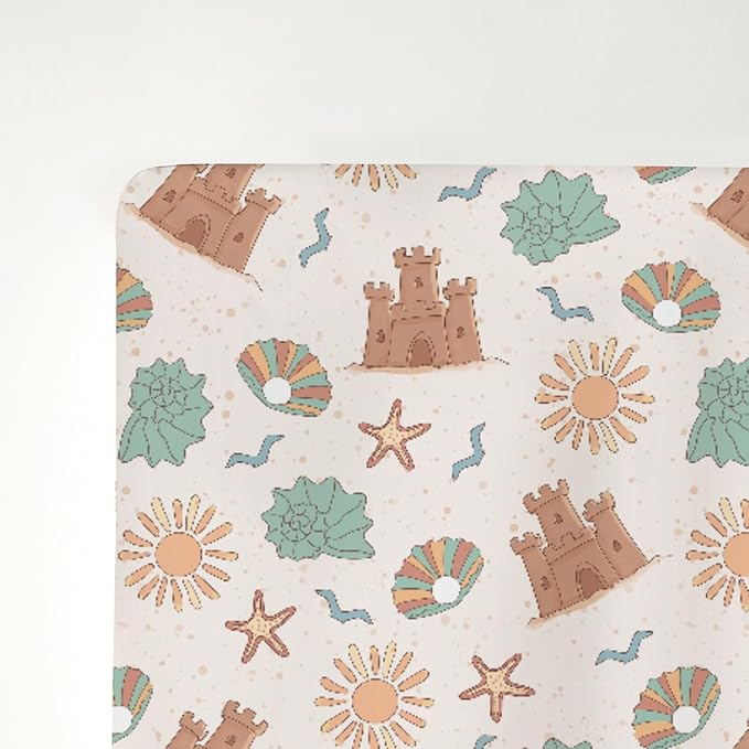 Boho Beach Summer Baby Crib Sheets for Boy Girl 52"x28" Retro Seaside Holiday Soft Snug Fitted Crib Mattress Cover Sun Seashells Castle Starfish Baby Sheets for Standard Crib & Toddler Bed Mattresses