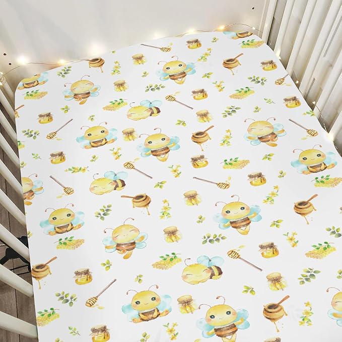 Bee Honey Baby Crib Sheets for Boy Girl 52"x28" Cute Bees Honeycomb Floral Leaves Soft Snug Fitted Crib Mattress Cover Summer Spring Garden Baby Sheet for Standard Crib & Toddler Bed Mattress