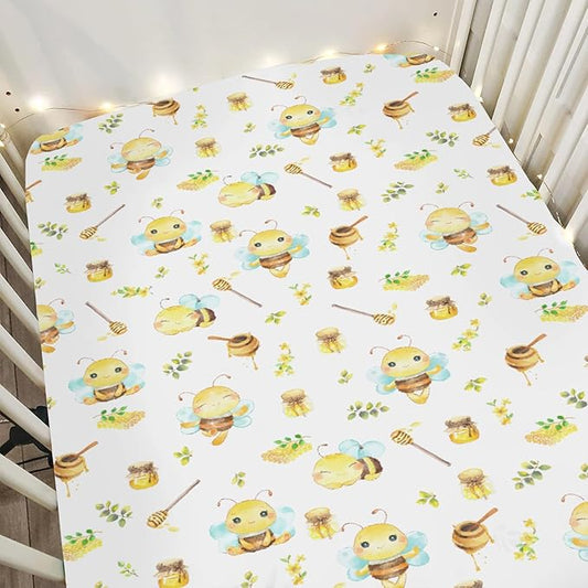 Bee Honey Baby Crib Sheets for Boy Girl 52"x28" Cute Bees Honeycomb Floral Leaves Soft Snug Fitted Crib Mattress Cover Summer Spring Garden Baby Sheet for Standard Crib & Toddler Bed Mattress