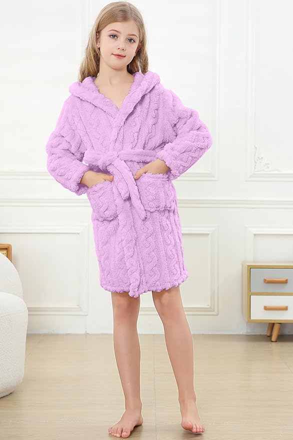 Umeyda Girls & Womens Twist Fleece Robes, Hooded Soft Warm Bath Robe for Kids Womens Fuzzy Bathrobe for Gifts