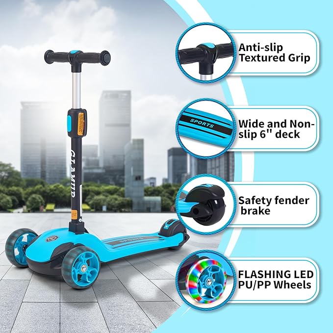 GLAMUP Kids Kick Scooter 3 Wheels, Kids Scooter Height Adjustable Handlebar, Lean-to-Steer System & Easy-Folding Mechanism, Ages 3-14 Boys and Girls
