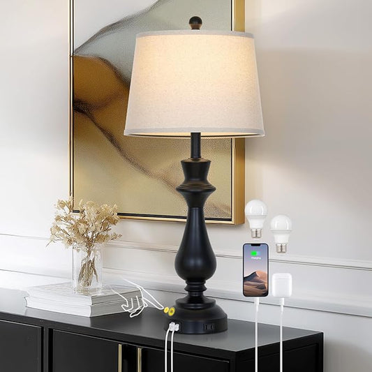 luxeflow Modern Black Table Lamp for Living Room,30" Tall Bedside Lamp with USB Charging Port,3-Way Dimmable Touch Nightstand Lamp for Bedroom Desk Side Table Office,Black-1P