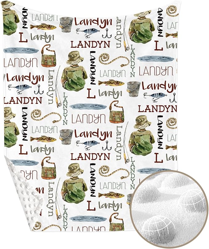 Personalized Baby Crib Bedding Set, Custom Name Fishing Theme Baby Bedding 2-Pcs Set - Soft Double Layer Dotted Blanket and Fitted Sheet, Nursery Bedding for Newborn Boys Girls, Perfect Shower Gift