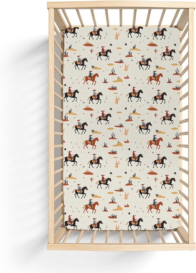 Vintage Western Cowboy Baby Crib Sheets for Boy Girl 28"x52" Retro Cowboy Horse Cactus Soft Stretchy Fitted Crib Mattress Cover Wild Desert Baby Sheet for Standard Crib & Toddler Mattress Pads