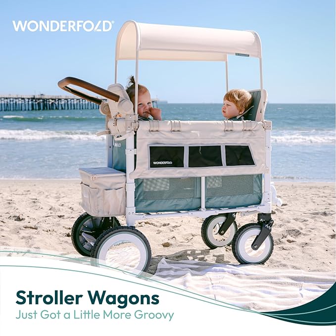 WONDERFOLD Volkswagen Double Stroller Wagon (2 Seater) - Foldable Wagon Stroller with Classic VW Bumper, Headlights, and Retro All-Terrain XL Wheels, Bondi Blue
