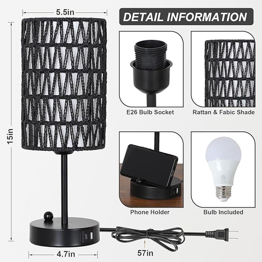Eayaya Black Bedside Lamps Set of 2, Touch Control Night Stand Lamp for Bedroom with Rattan & Linen Shade & Bulbs, 3 Way Dimmable Small Boho Table Lamps with USB Charging Port & Phone Stand