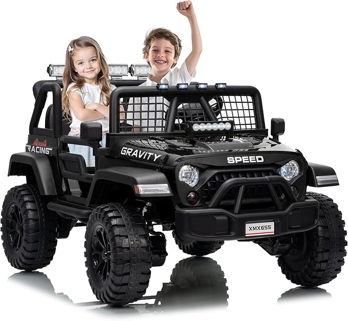 24V 2-Seater Kids Electric Truck with Parent Remote Control, 100Min Ride-on Car, 4WD Dual Motor, 2 Speeds, Spring Shock Absorber, LED Headlights, Siblings Gift Kids Electric Vehicle, Black