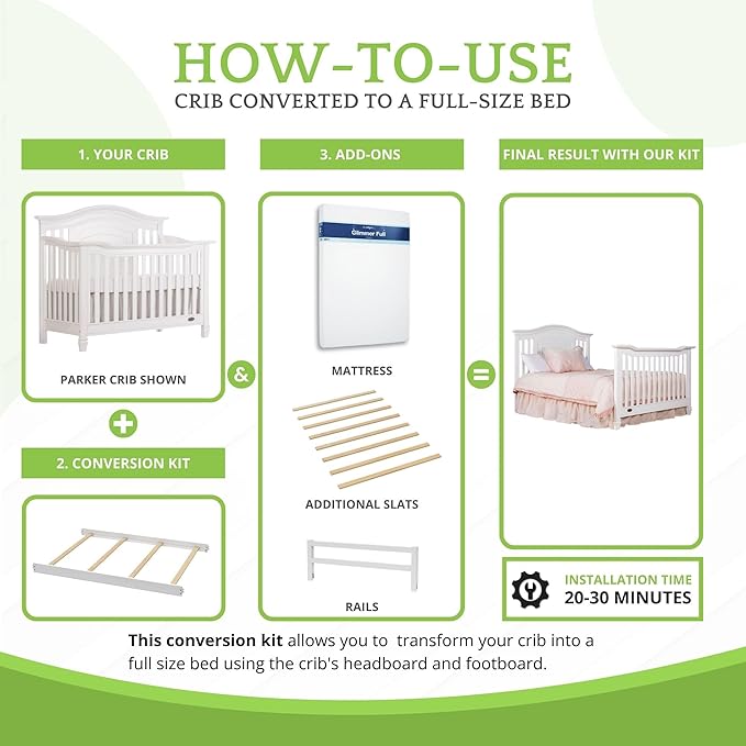 Full-Size Conversion Kit Bed Rails for Evolur Cribs - Solid Wood Crib Convertible Kit to Kids Bed - Transitional Style Rails & Easy-to-Install Child Essentials for Safety (White)