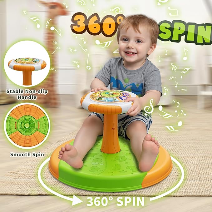 Dinosaur Sit and Spin Toys for Toddlers 1-3 Boys, 360° Toddler Spinning Seat with LED Lights and Music, Sensory Toys Birthday for Kids 3-5