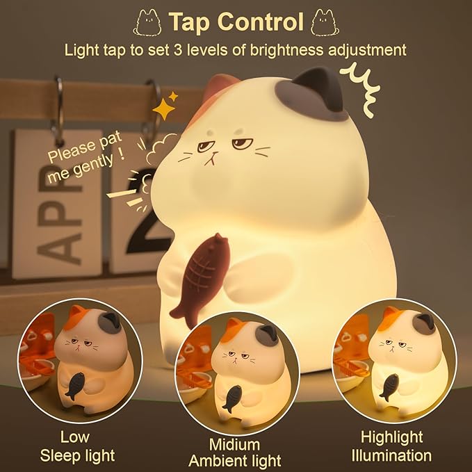 FAMIDUO Greedy Cat Night Light for Kids,3 LevelsDimmable Cute Kitty Nursery Nightlight with Touch ColorChange, Squishy Silicone Rechargeable Bedside Lampfor BabyPregnant Mom/Elderly/Adults