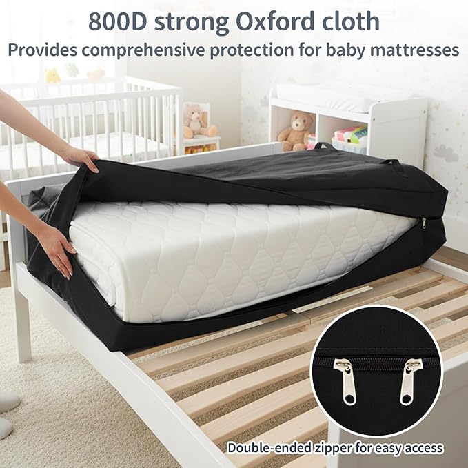 2 Pcs Oxford Cloth Waterproof Crib Mattress Storage Bag with Zipper and 8 Reinforced Handles Heavy Duty Reusable Crib Mattress Cover for Storage, 52.5 x 28 x 6.5 Inches (Black)