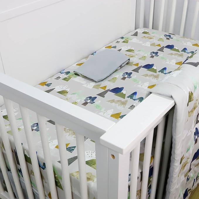 TANOFAR 4 Piece Crib Bedding Set for Boys, Infant & Toddler Nursery Bed Set with Crib Skirt, Quilt, Crib Sheet and Diaper Stacke, Standard Size Soft Baby Bed Set (Grey Mountain)