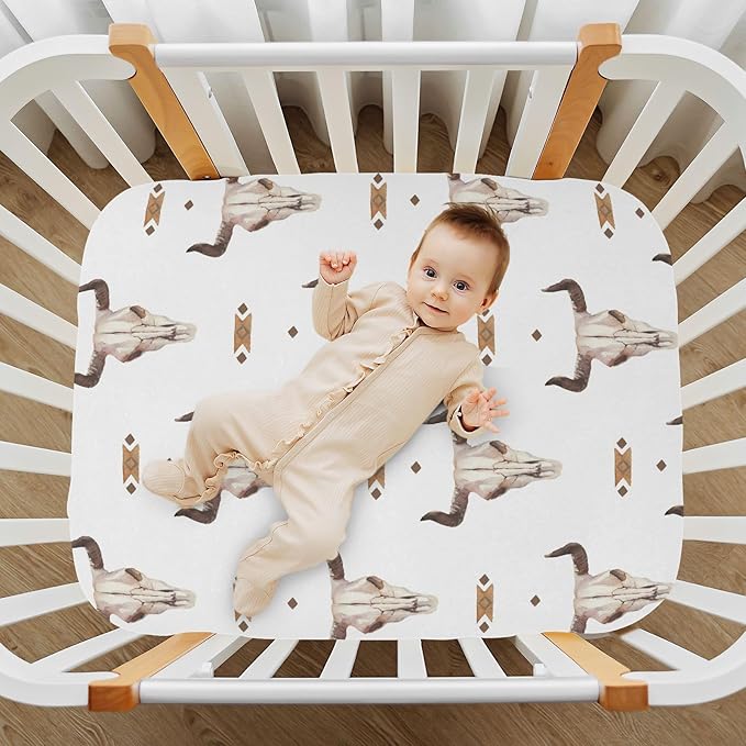 Western Bull Skull Crib Sheets Soft Breathable Fitted Baby Playard Sheets Mattress Cover for Girl Boys, 39" x 27" x 5"