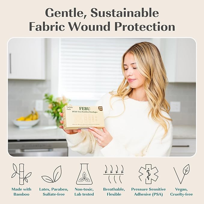 FEBU Eco-Friendly Bamboo Fabric Bandages | PFAS Free Bandages for Scrapes & Cuts | Flexible Fabric Bandage | Fully Compostable, Latex Free Bandage | 50 Count Spot