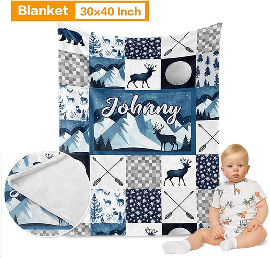 Custom Baby Bedding Set, Personalized Blue Deer Forest Bedding, Baby Blanket Fitted Sheet Changing Cover Nursery Rug Room Decor Gift Idea