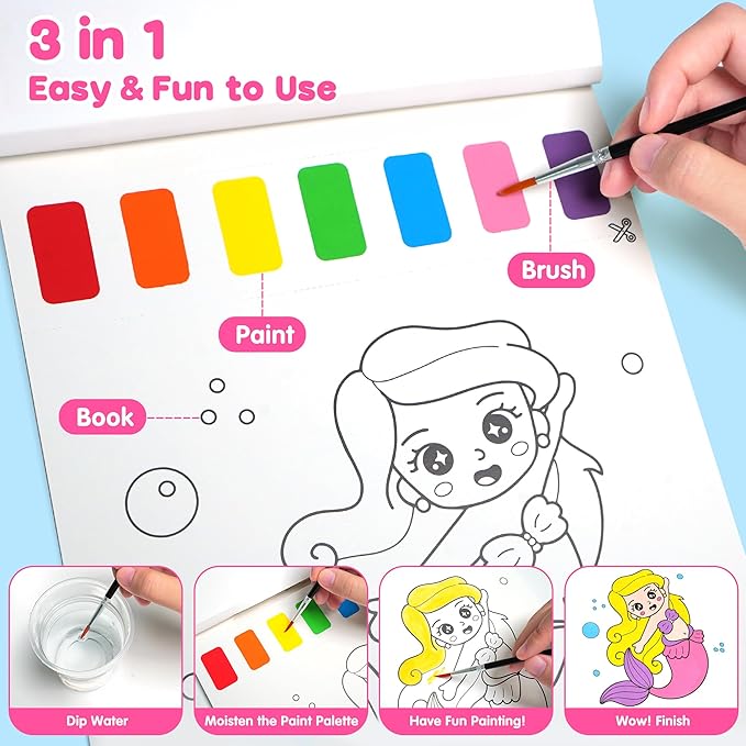ZIZZ Paint with Water Coloring Books for Toddlers, 3 Pack Watercolor Painting Set for Kids Ages 3-5 4-8, No-Mess Drawing Activity Kit Art Craft Toy Birthday Gifts for Girl Boy | Princess, Forest & Sea