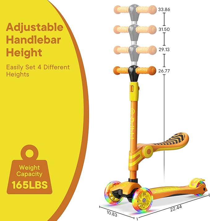 Orange 3 Wheel Scooter with Seat for Kids, Light-Up Wheels, Adjustable Lean to Steer Handlebar and Seat, Smooth Wheels, Wide No-Slip Deck, Rear Foot Brake, Toddler Outdoor Toys for Ages 2+