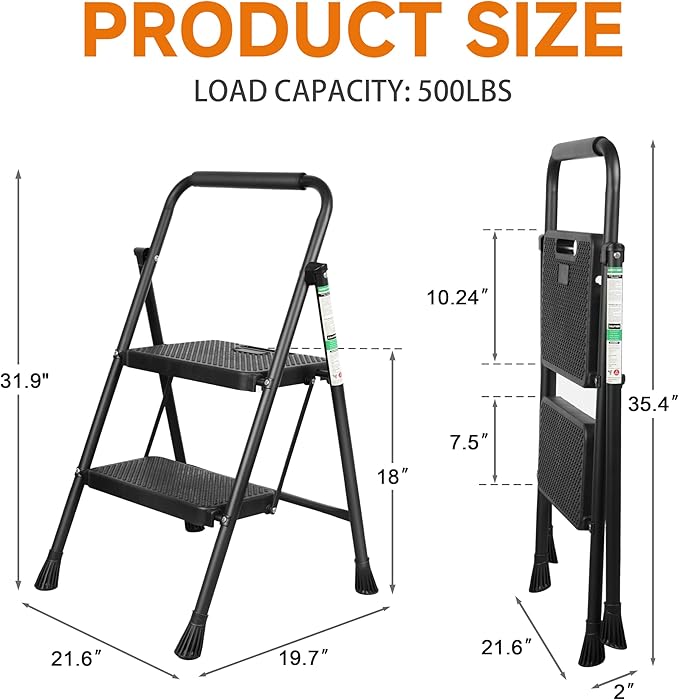 2 Step Ladder, Portable Steel Folding Stool with Wide Anti-Slip Pedal, 500lbs Sturdy Steel Ladder, Black