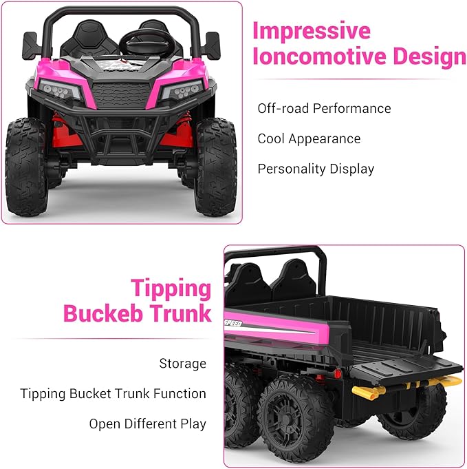 24V 2 Seater Ride on Dump Truck with Remote Control for Big Kids, 4WD 6 Wheels Ride on Car w/Music Player & LED Lights, Ride Toy Gift for Kid