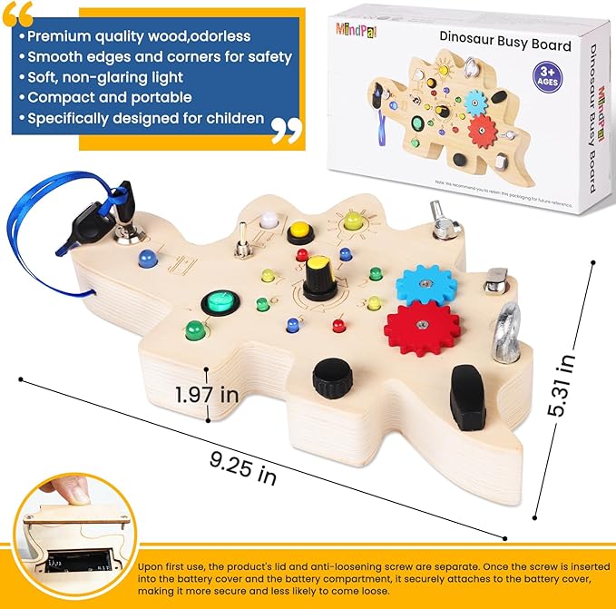Busy Board, Montessori Toys for 3 Year Old, Baby Sensory Toys for Toddlers with 12 LED Light,Wooden Toddler Busy Board Baby & Toddler for Learning Activity, Light Switch Toys for Toddlers